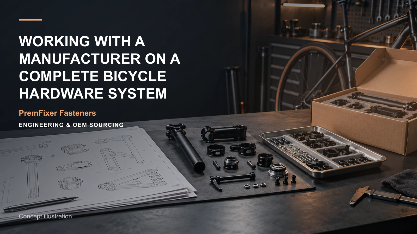Concept illustration connecting customer enquiry, technical proposal and sample set in a bicycle hardware project.
