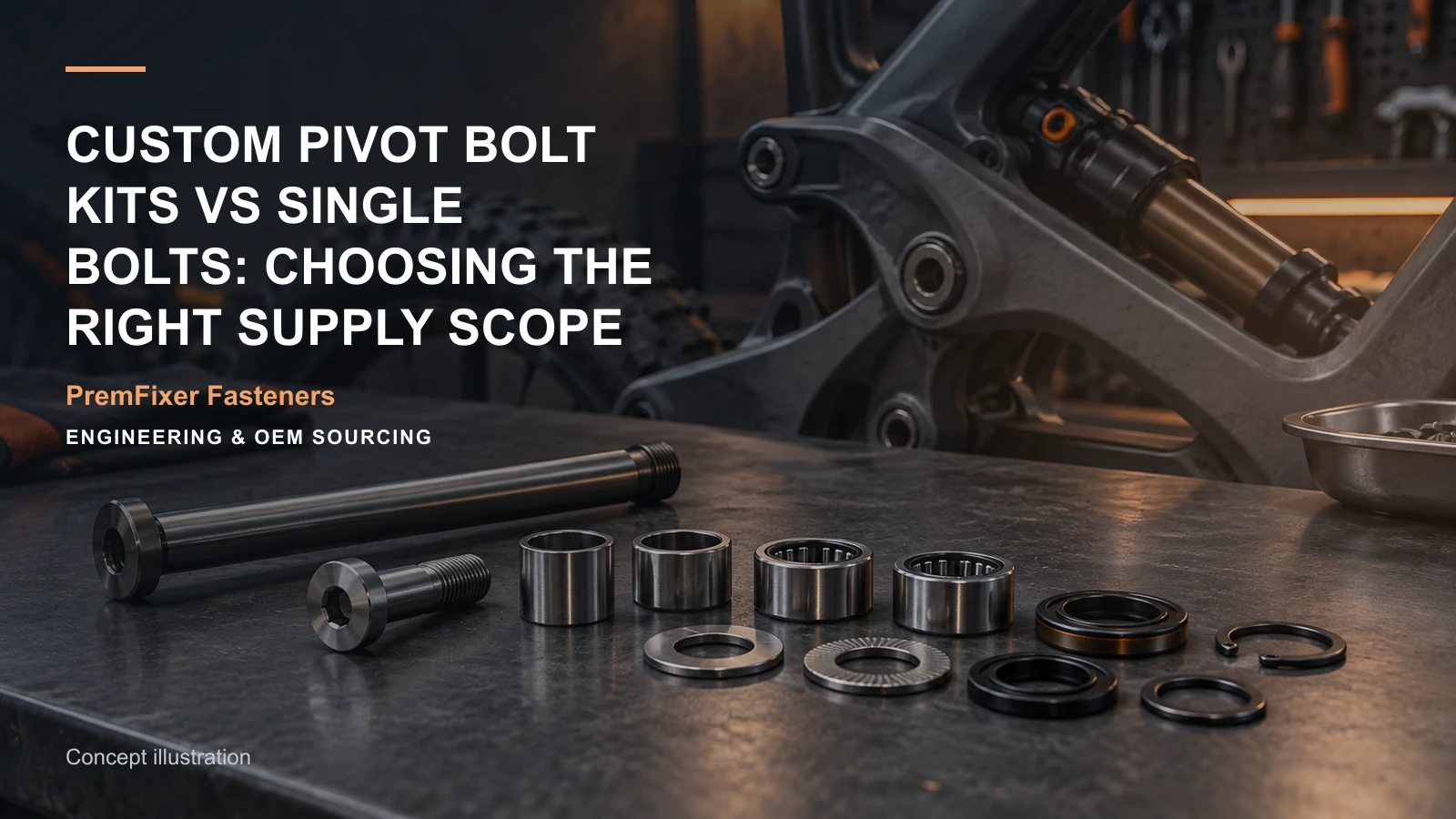 Editorial concept for complete pivot kits versus individual bolts with cards for kit compatibility statement, item-level kit bom, assembly stack model.