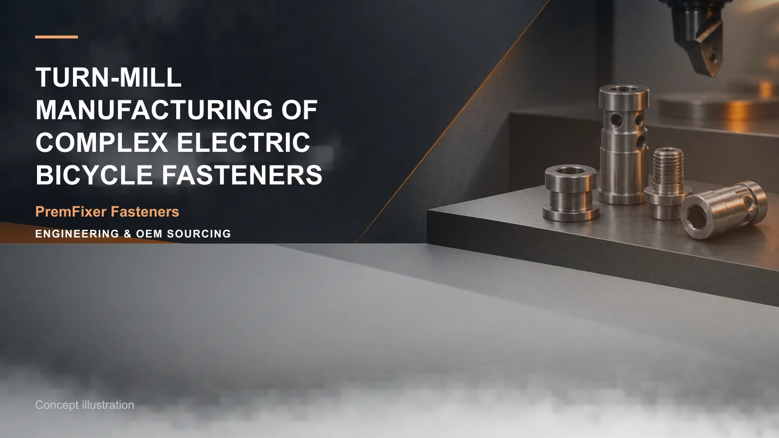 Concept illustration for Turn-Mill Manufacturing of Complex Electric Bicycle Fasteners.