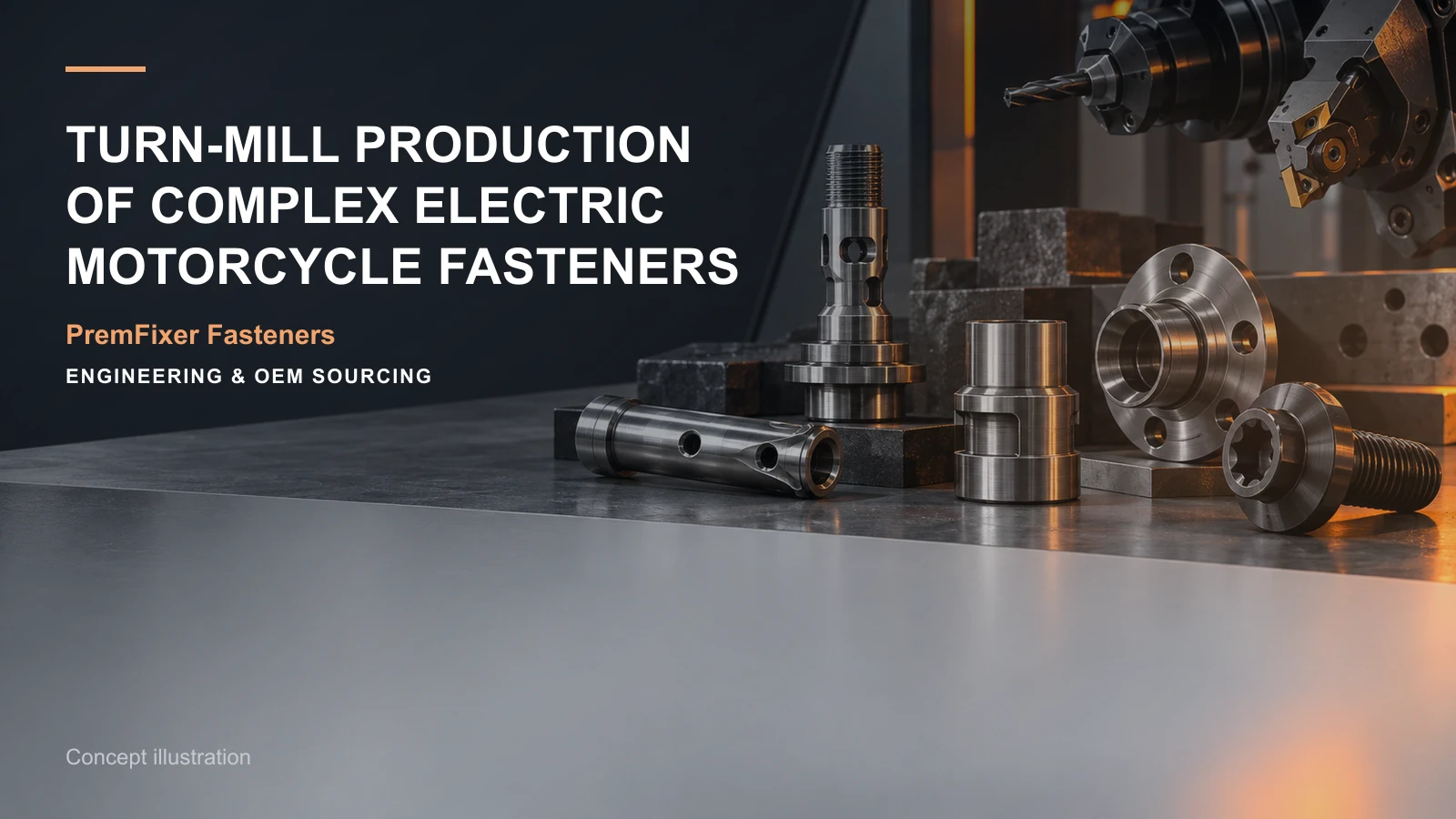 Concept illustration for Turn-Mill Production of Complex Electric Motorcycle Fasteners.