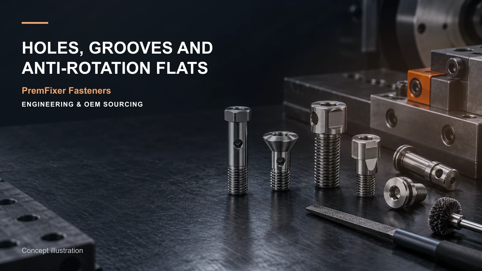 Precision bicycle pivot axle with cross hole, retaining groove, slot and anti-rotation flats shown in a CNC process setup.