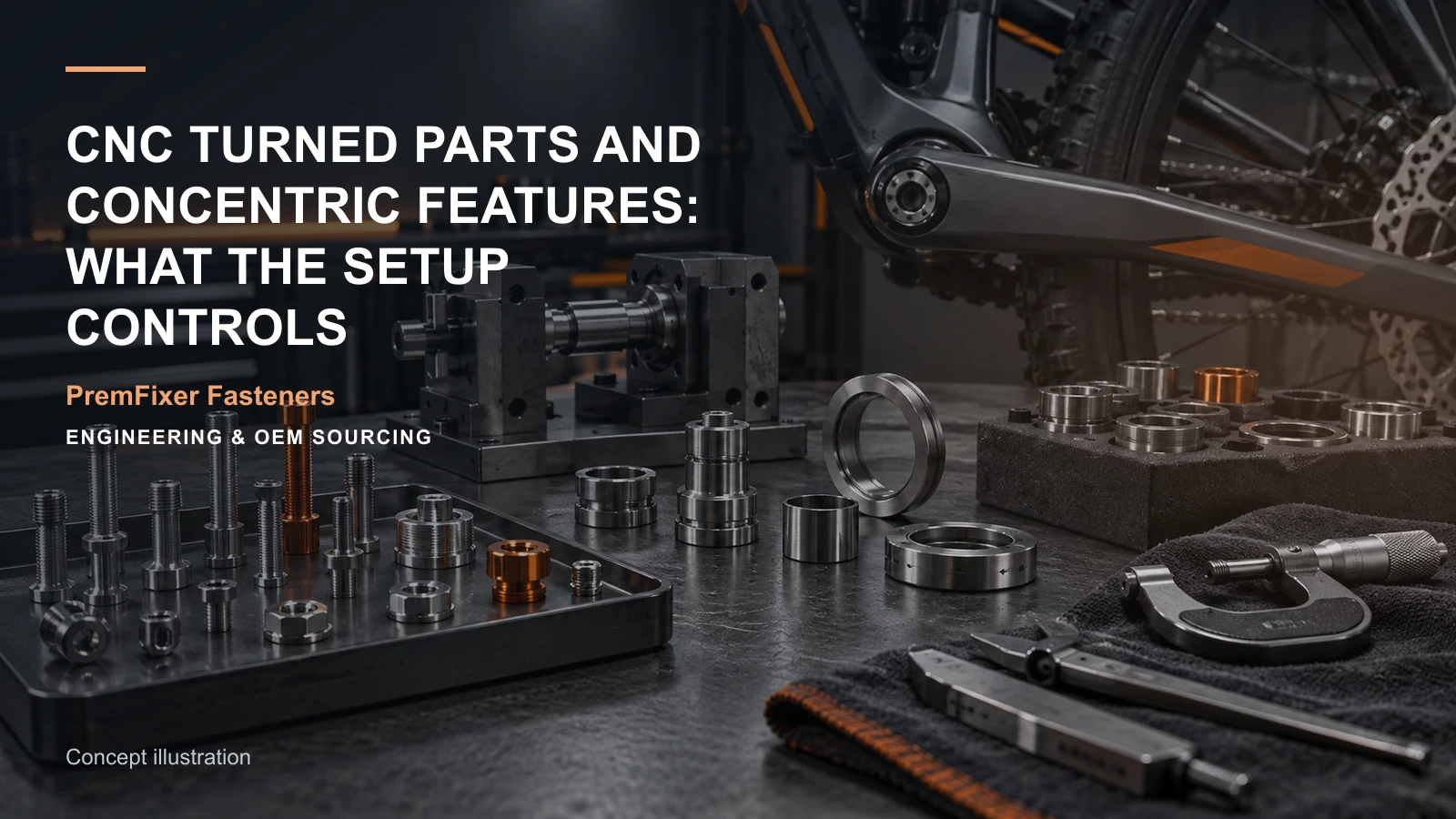 Editorial concept for concentric features on turned components with cards for geometry-method comparison, workholding concept and setup record, combined-route map.