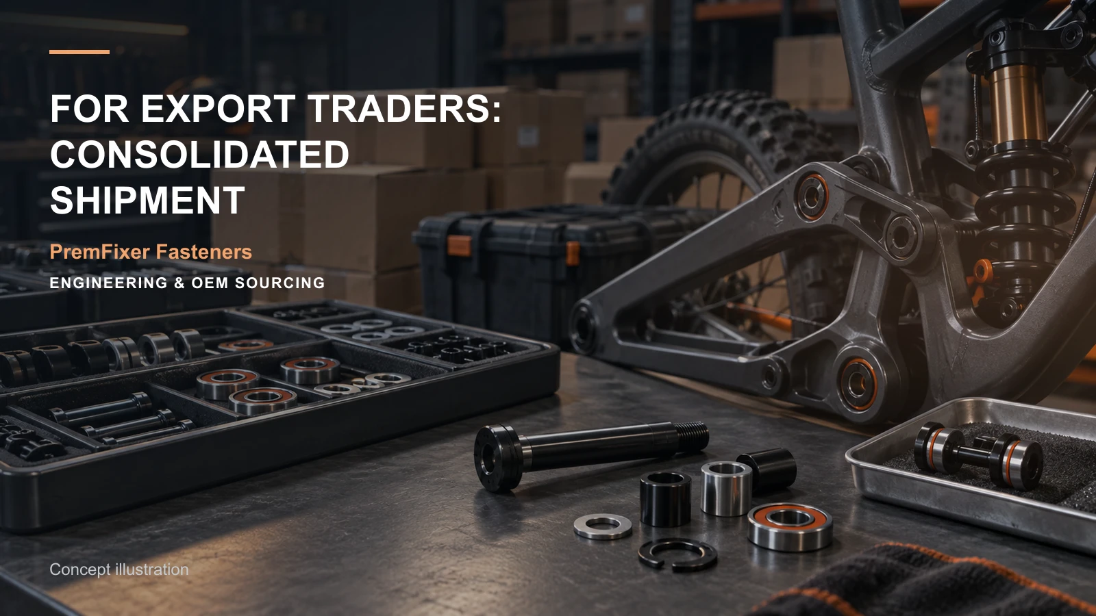 Editorial concept for consolidated hardware shipments for traders with cards for export document map, packaging selection table, lot genealogy map.
