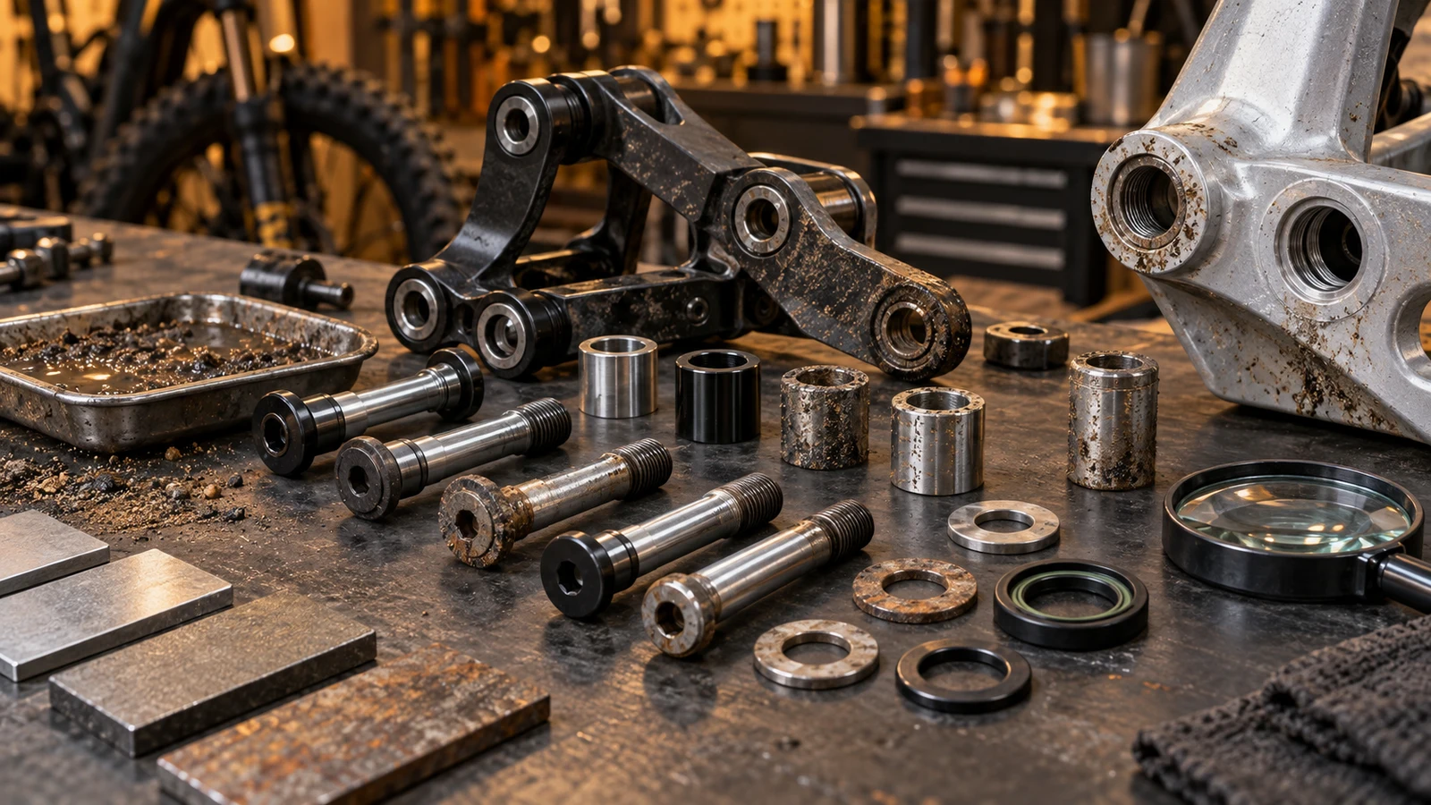 Concept arrangement of weathered and clean bicycle pivot hardware, receiving sleeves, seals and wet grit; not a real corrosion test, damaged customer bicycle or removal operation.