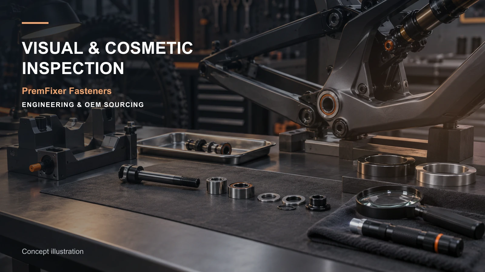 Editorial concept for cosmetic acceptance of pivot hardware with cards for cosmetic acceptance guide, appearance approval map, edge-treatment map.