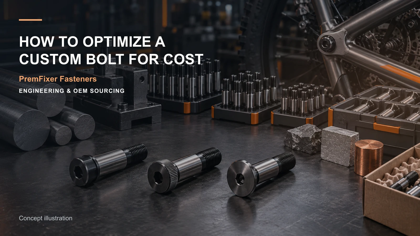 Editorial concept for cost optimization for a custom bolt with cards for dfm change table, comparable quantity-price model, standard-versus-custom decision table.