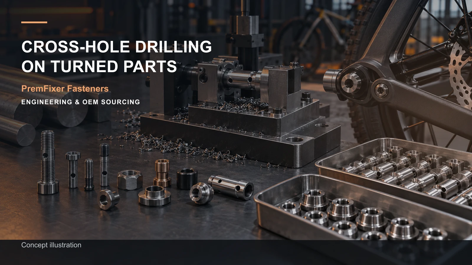 Editorial concept for cross-hole drilling on turned parts with cards for feature location diagram, combined-route map, workholding concept and setup record.