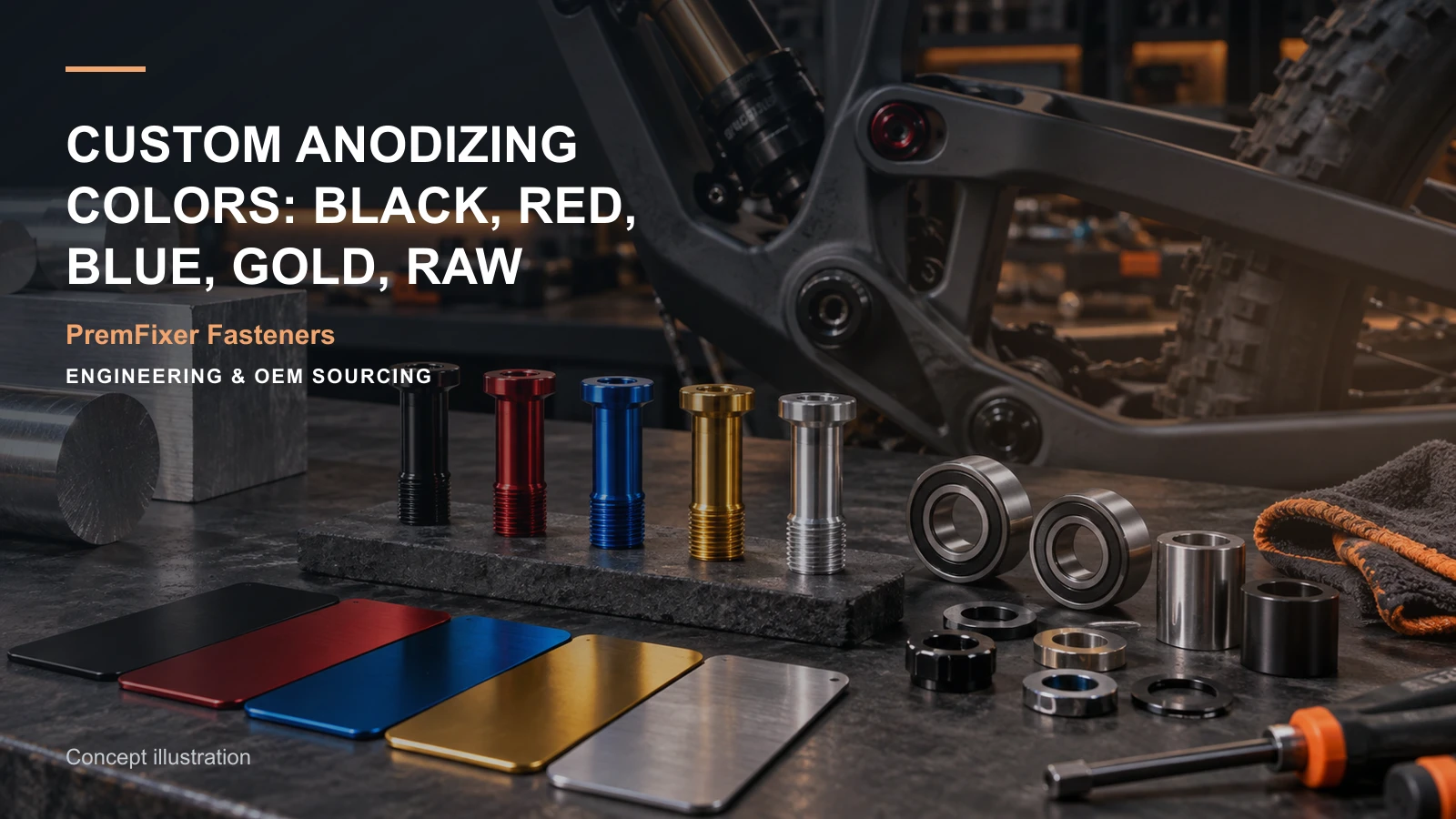 Editorial concept for custom aluminum anodizing colors with cards for appearance approval map, allowance-and-finished-size map, cosmetic acceptance guide.