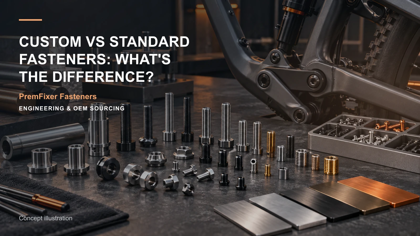 Editorial concept for custom and standard fastener differences with cards for standard-versus-custom decision table, customization feature map, small-batch order matrix.