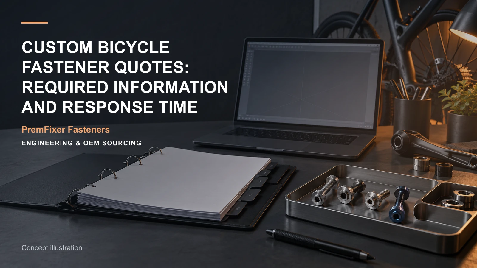 Conceptual engineering workspace introducing a custom bicycle fastener quotation for bicycle and electric-mobility OEM teams.