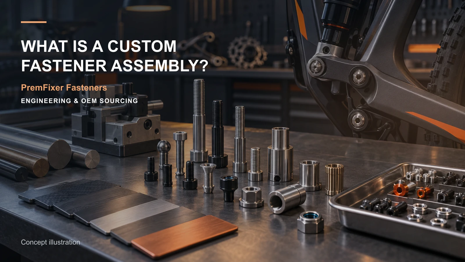 Editorial concept for custom fastener assemblies with cards for preassembly specification, item-level kit bom, kit compatibility statement.