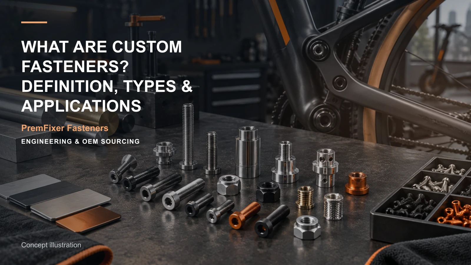 Editorial concept for custom fastener definition and types with cards for functional scope statement, standard-versus-custom decision table, customization feature map.