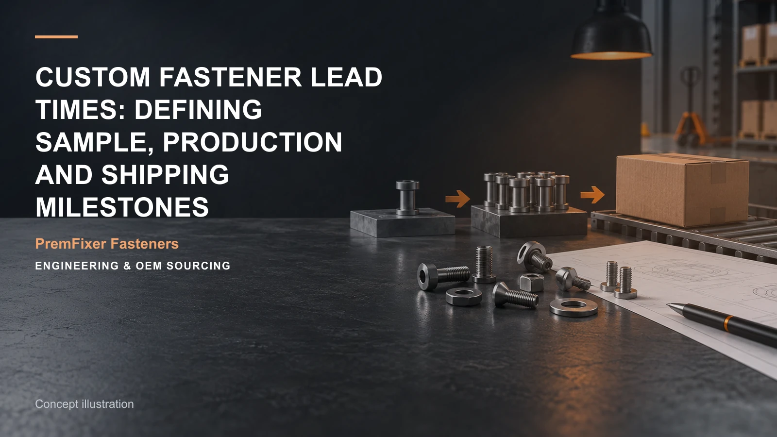 Concept illustration for Custom Fastener Lead Times: Defining Sample, Production and Shipping Milestones.
