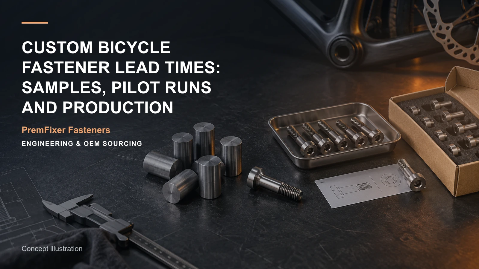 Concept illustration connecting order start, sample milestone and finishing stage in a bicycle hardware project.