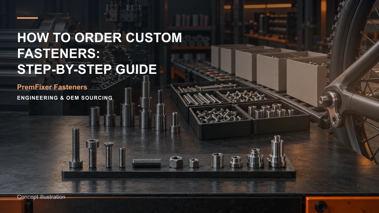 Editorial concept for custom fastener ordering process with cards for drawing-and-model input map, dfm change table, quote comparison table.
