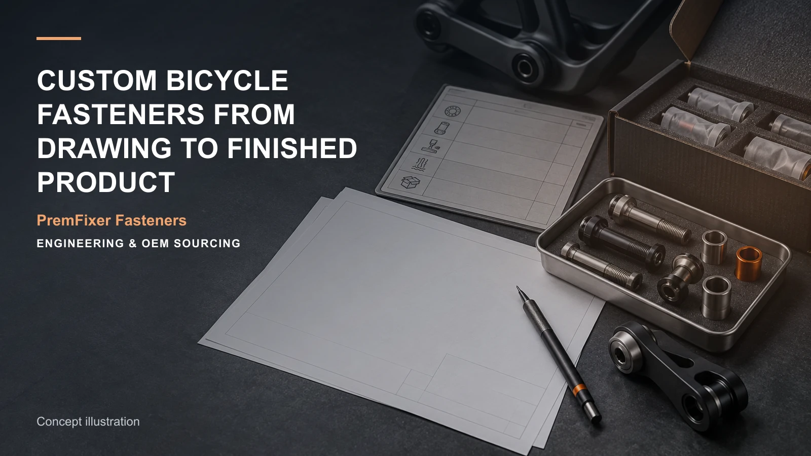 Concept illustration connecting drawing intake, manufacturing proposal and sample configuration in a bicycle hardware project.