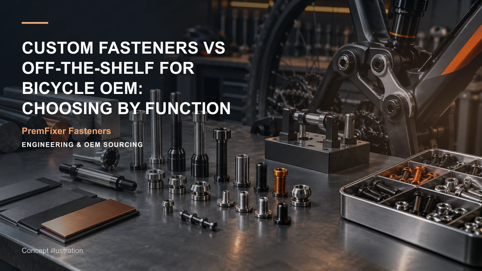Editorial concept for custom fasteners in bicycle OEM design with cards for standard-versus-custom decision table, customization feature map, lightweight design comparison.