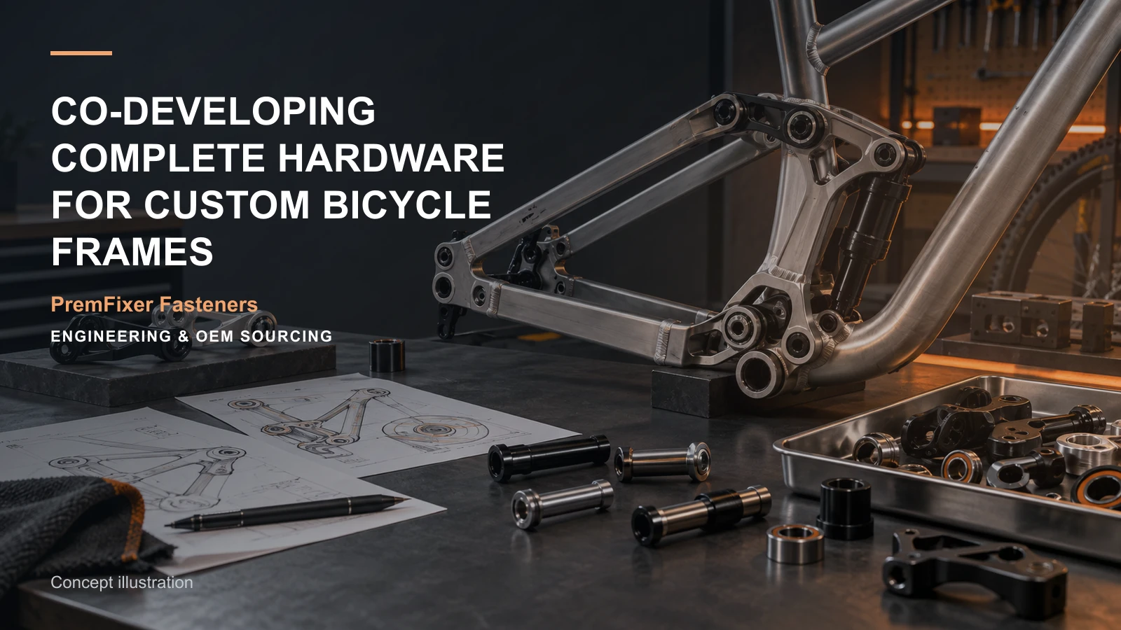 Concept illustration connecting custom frame model, hardware interface and shared drawing pack in a bicycle hardware project.