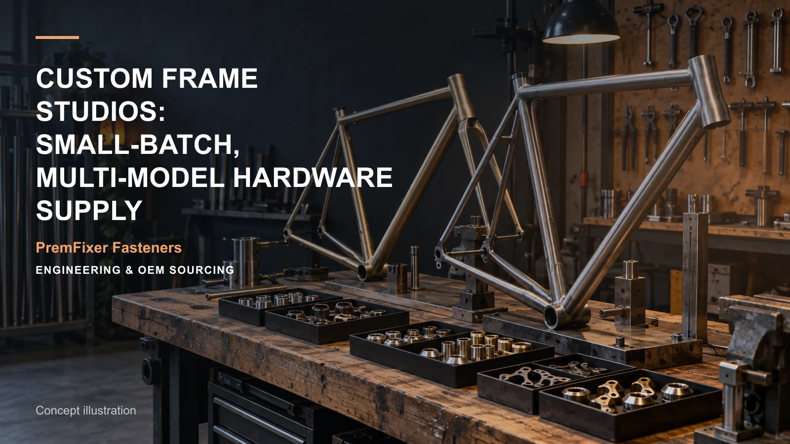 Conceptual engineering workspace introducing custom frame studio hardware for bicycle and electric-mobility OEM teams.