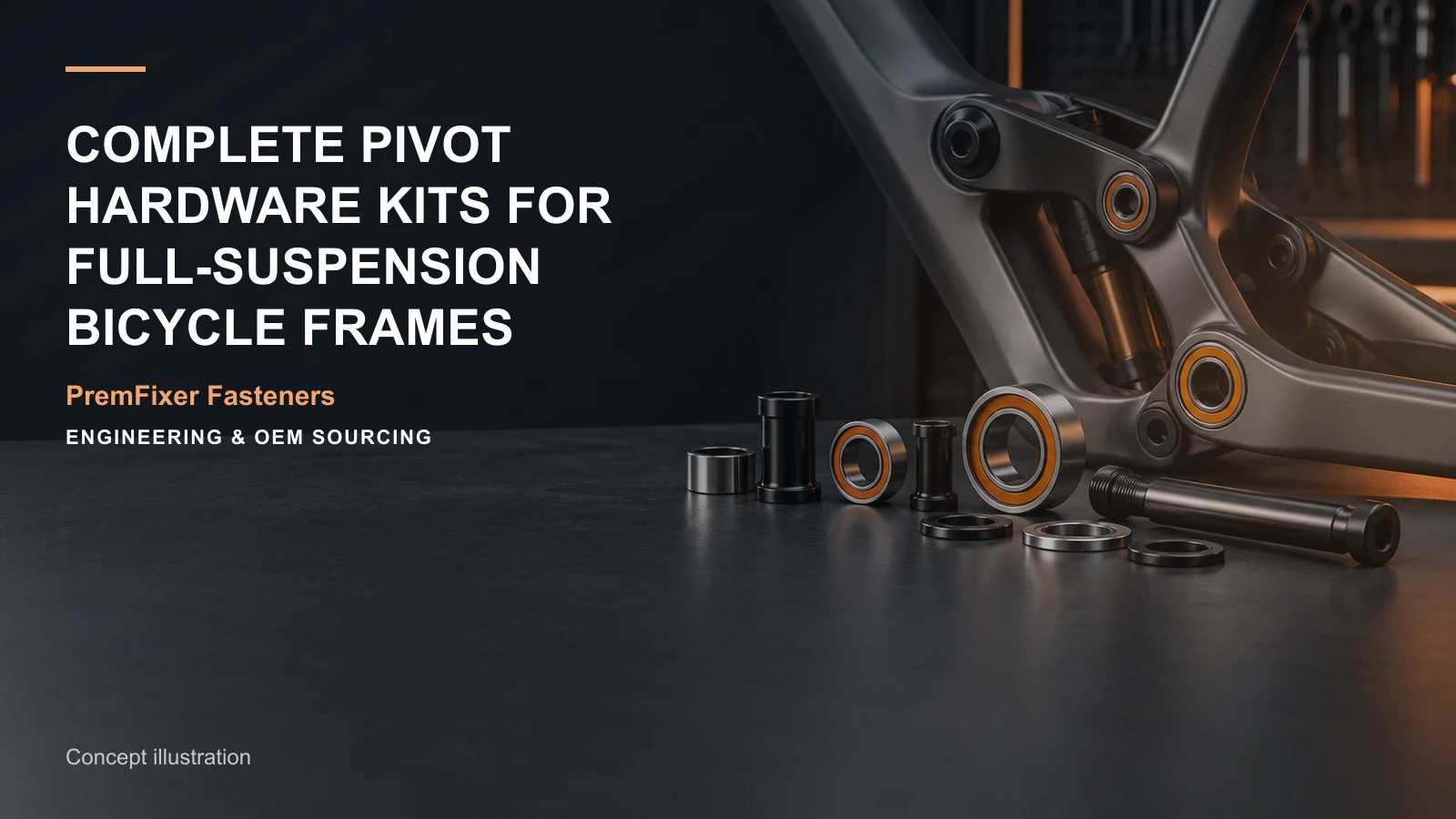 Concept illustration for Complete Pivot Hardware Kits for Full-Suspension Bicycle Frames.