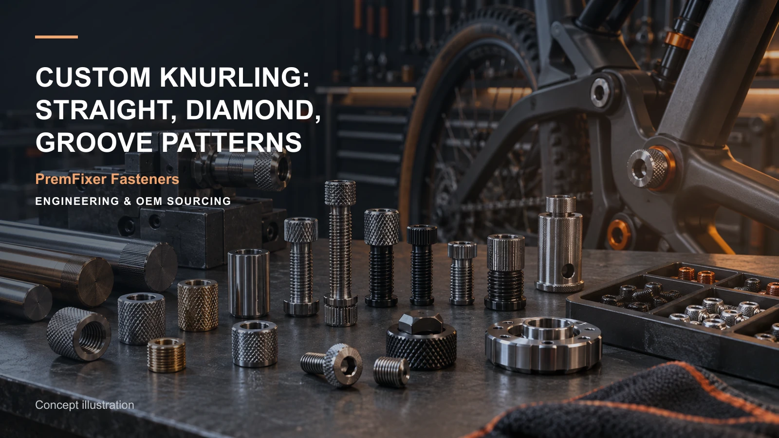 Editorial concept for custom knurl pattern selection with cards for knurl specification map, head-and-shoulder function map, insert installation selection.