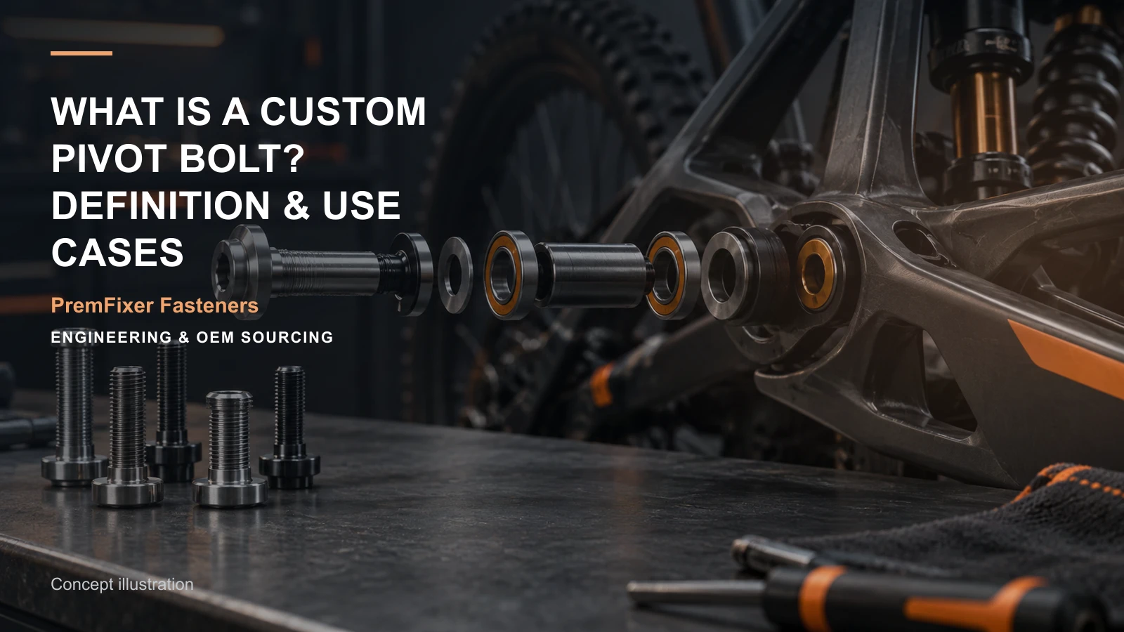 Editorial concept for custom pivot bolt definition with cards for functional scope statement, standard-versus-custom decision table, customization feature map.