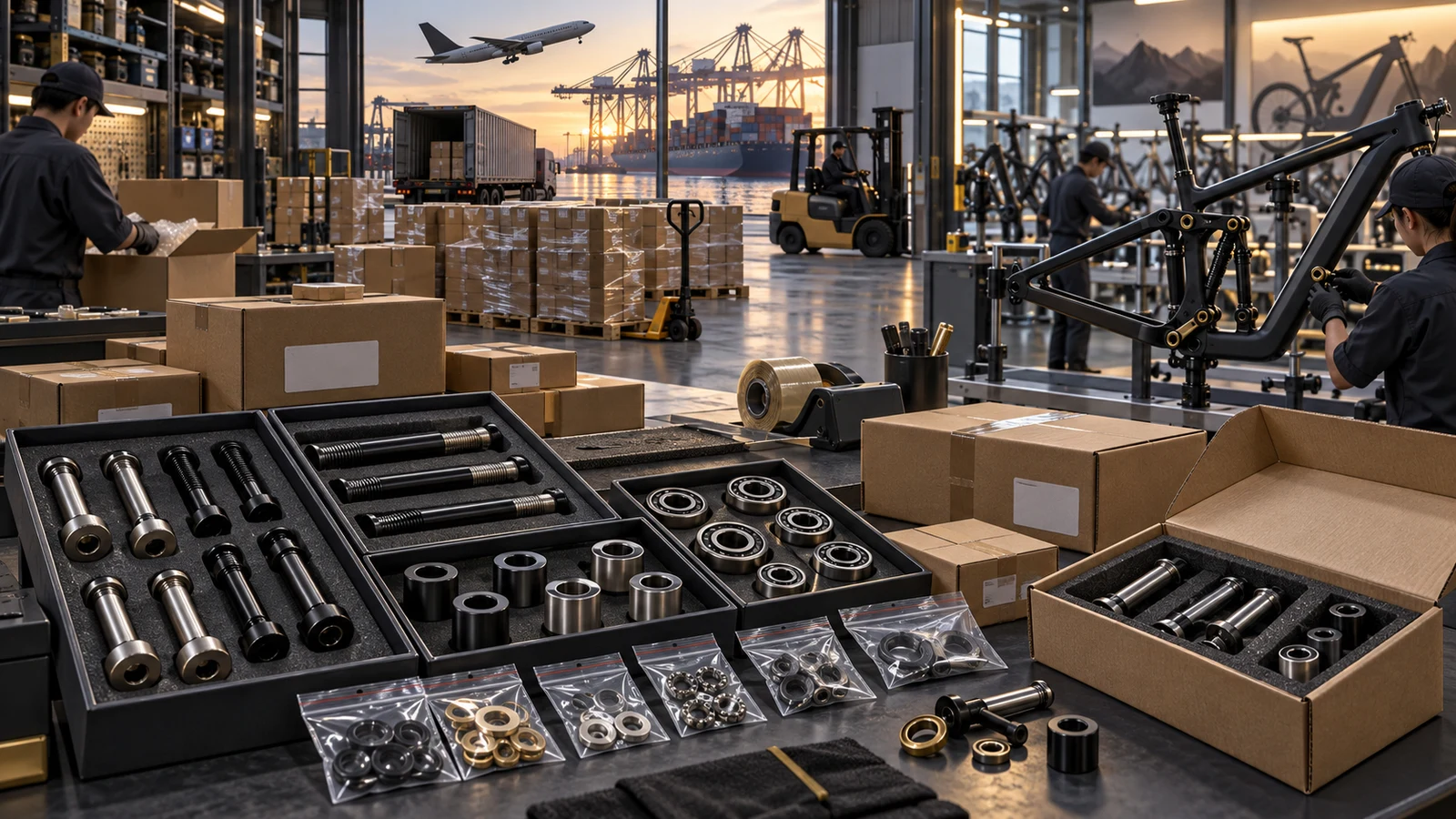 Concept illustration of protected pivot hardware, outbound cartons, transport options and a bicycle assembly receiving area