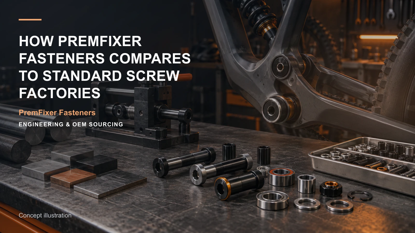 Editorial concept for custom pivot manufacturing versus standard screw supply with cards for comparable supplier matrix, standard-versus-custom decision table, kit compatibility statement.