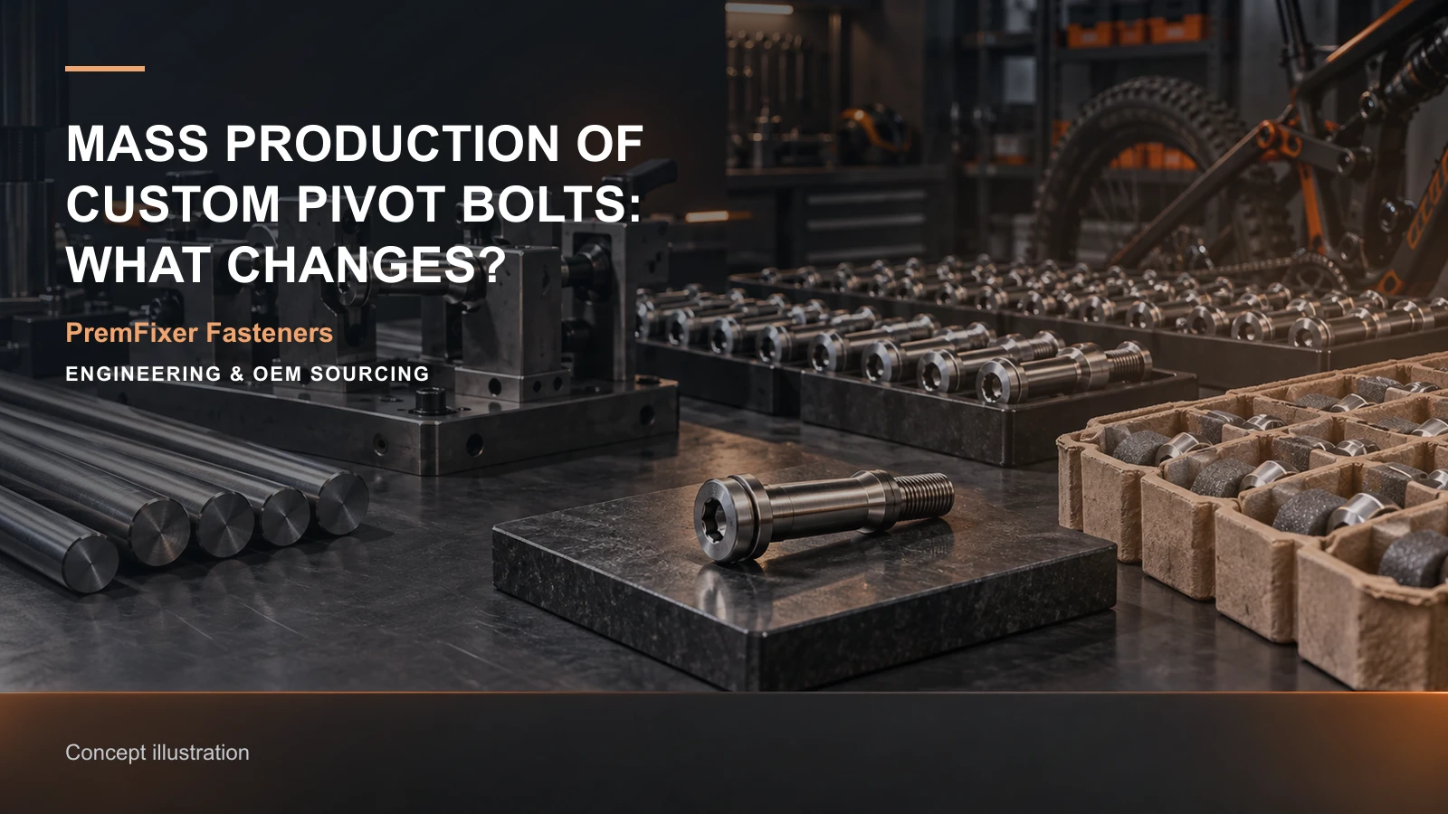 Editorial concept for custom pivot mass-production preparation with cards for prototype-to-production handover, capacity-to-delivery plan, workholding concept and setup record.