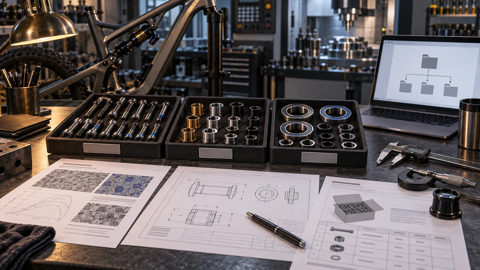 Concept engineering desk with separate pivot component trays and material, drawing and shipment documents; no actual certificates or test results