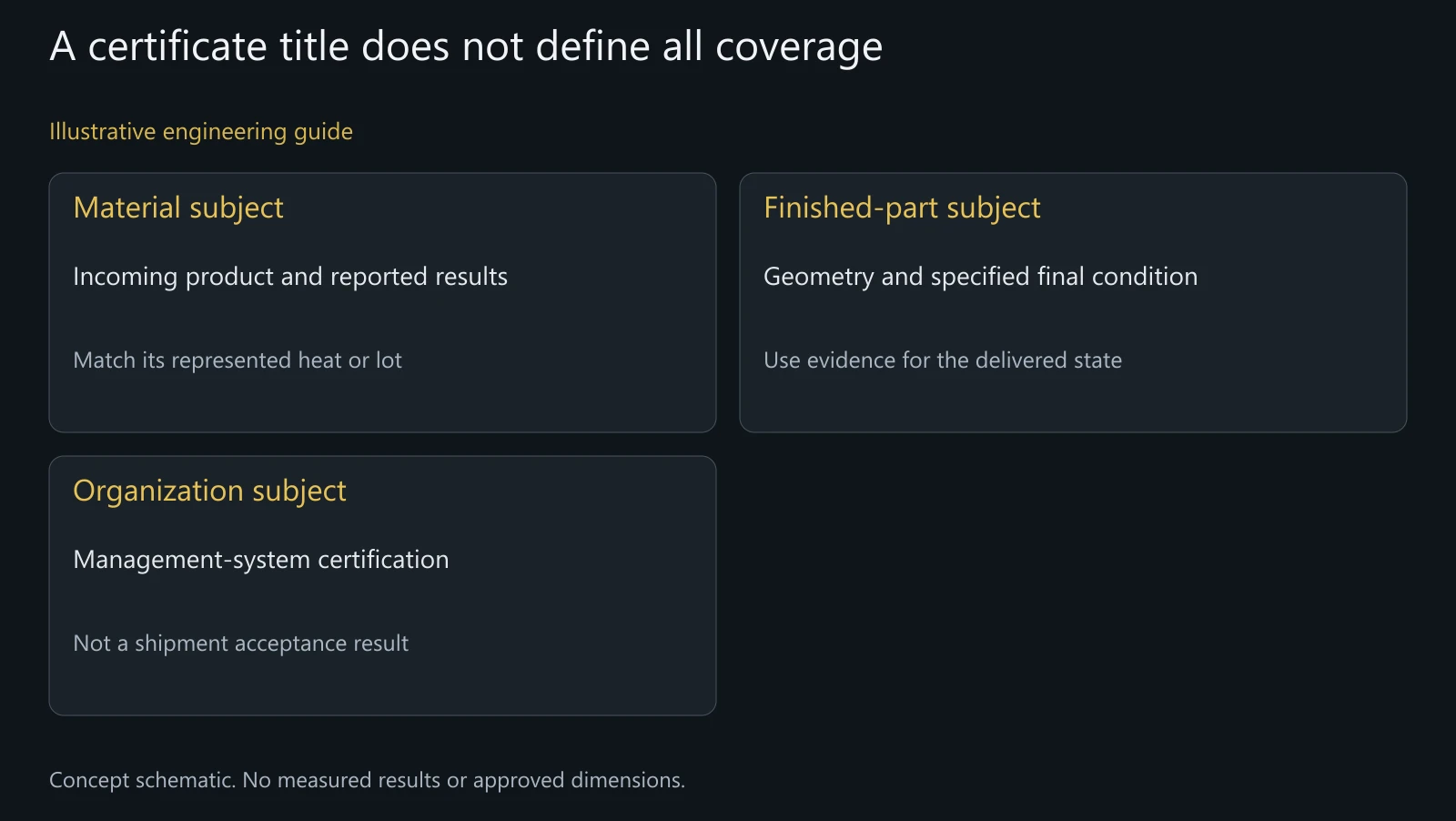 Concept distinction between material, finished-part and organization documents; no actual certificate is shown.