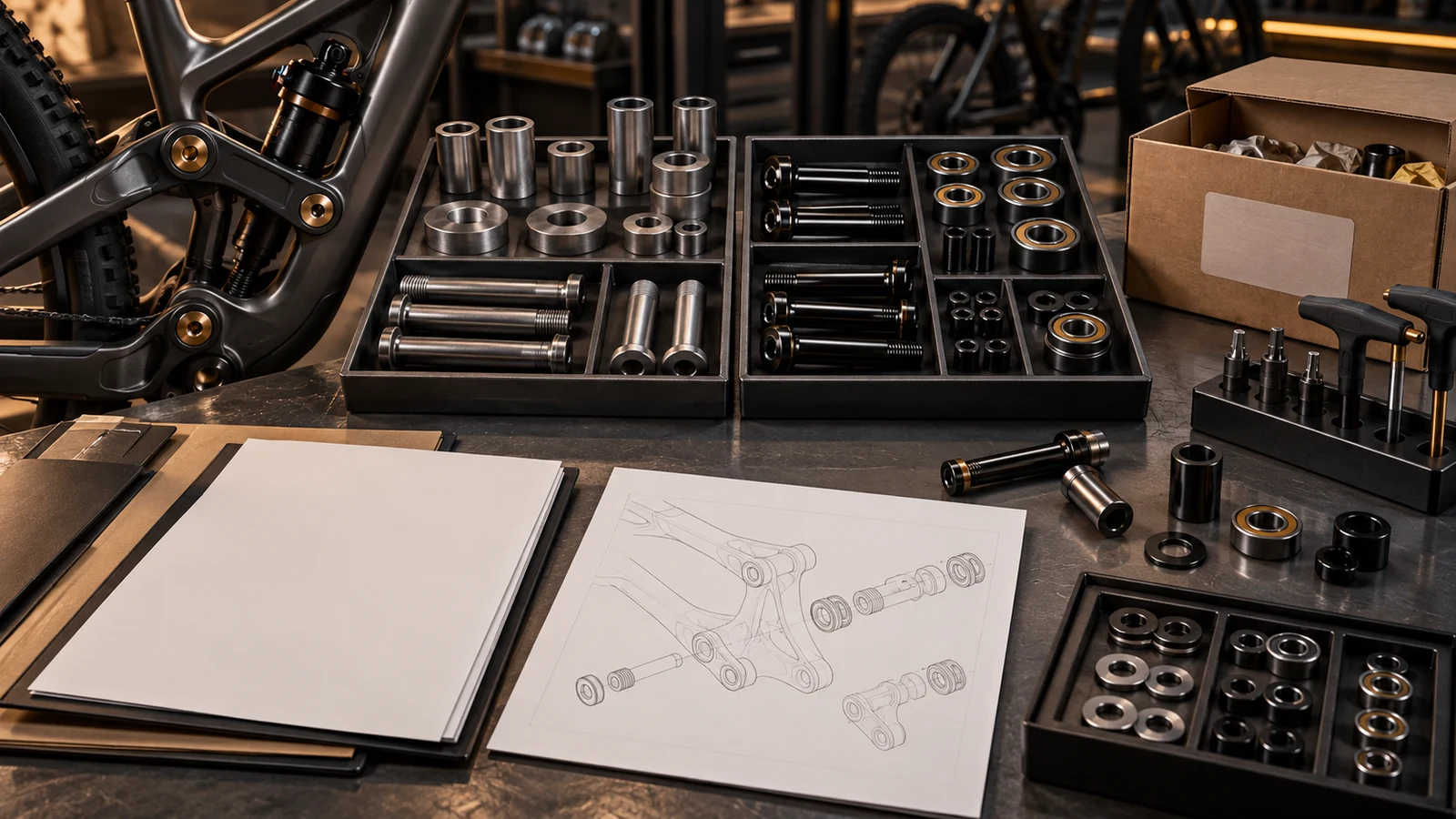 Illustrative pivot supply-review desk with components, blank folders and geometry drawings; not an executed contract, real audit or factory photograph.