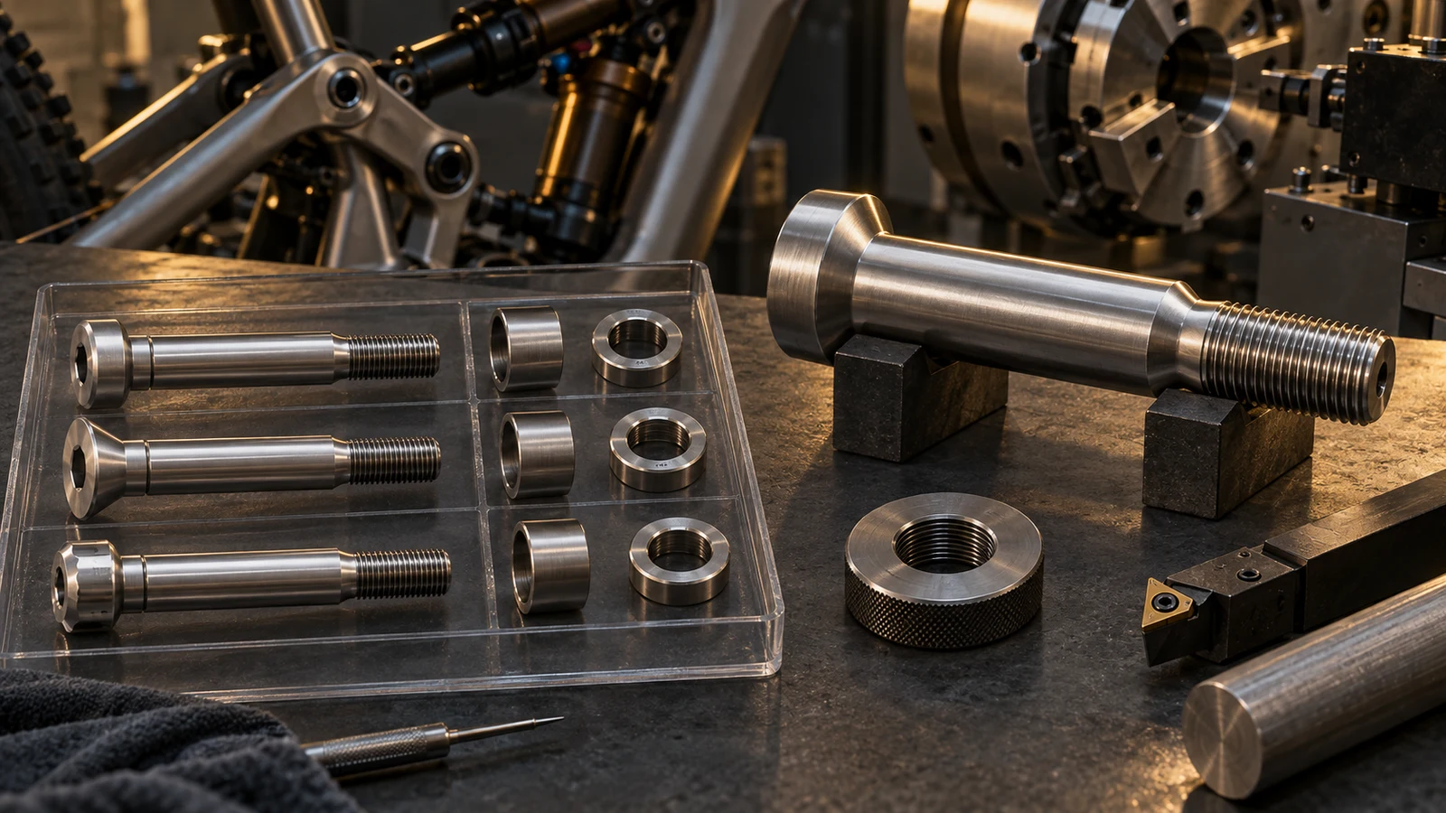 Concept custom titanium shoulder axles, mating components and unmarked thread gauge, not a passed inspection or certified thread profile