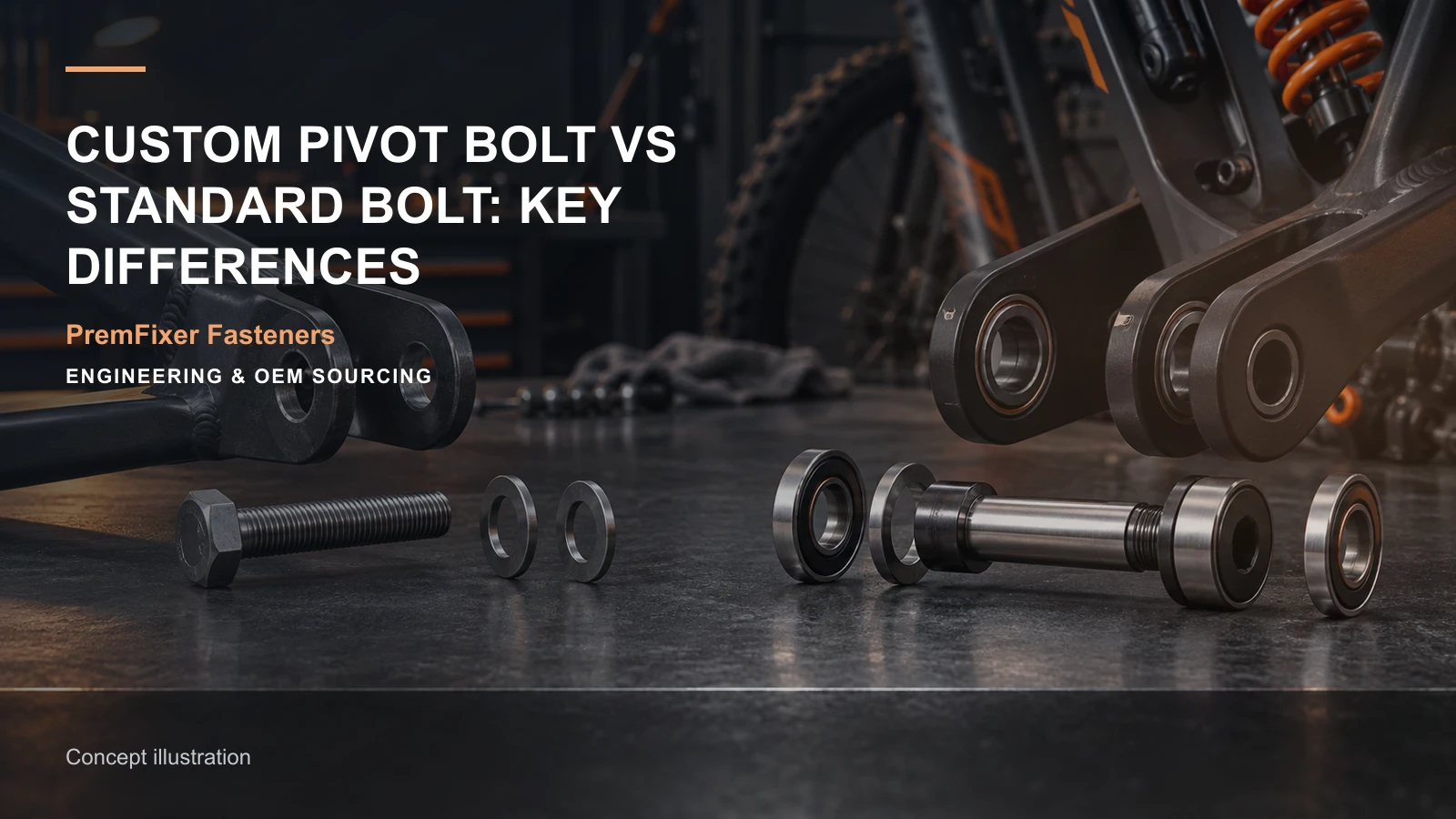 Editorial concept for custom versus standard pivot bolts with cards for standard-versus-custom decision table, customization feature map, comparable quantity-price model.