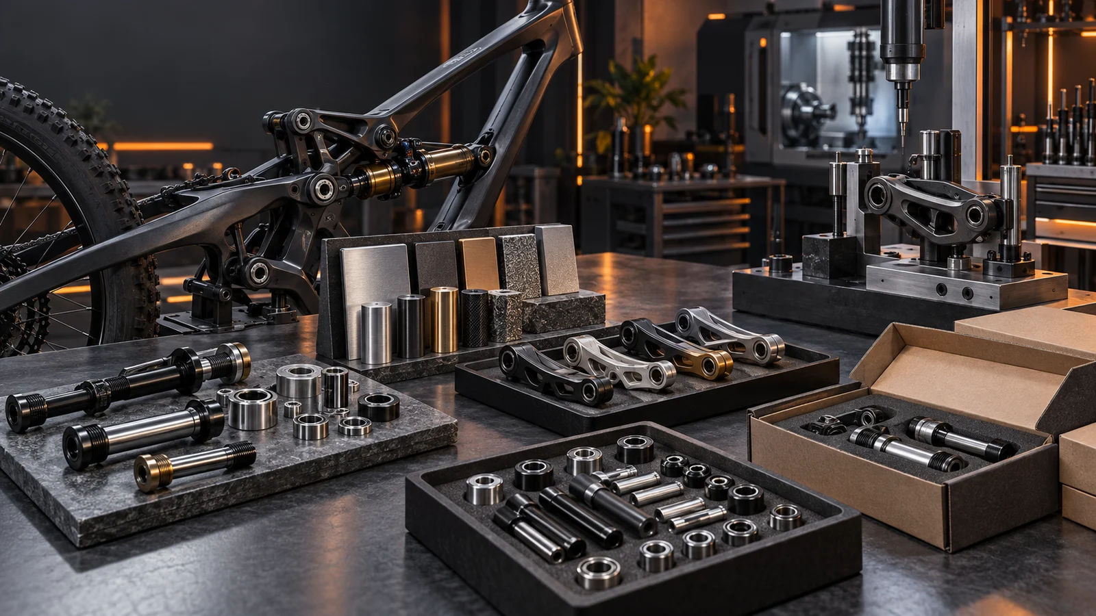 Concept illustration of bicycle pivot hardware, custom fasteners, manufacturing fixtures and inspection tools arranged as a customer decision workspace
