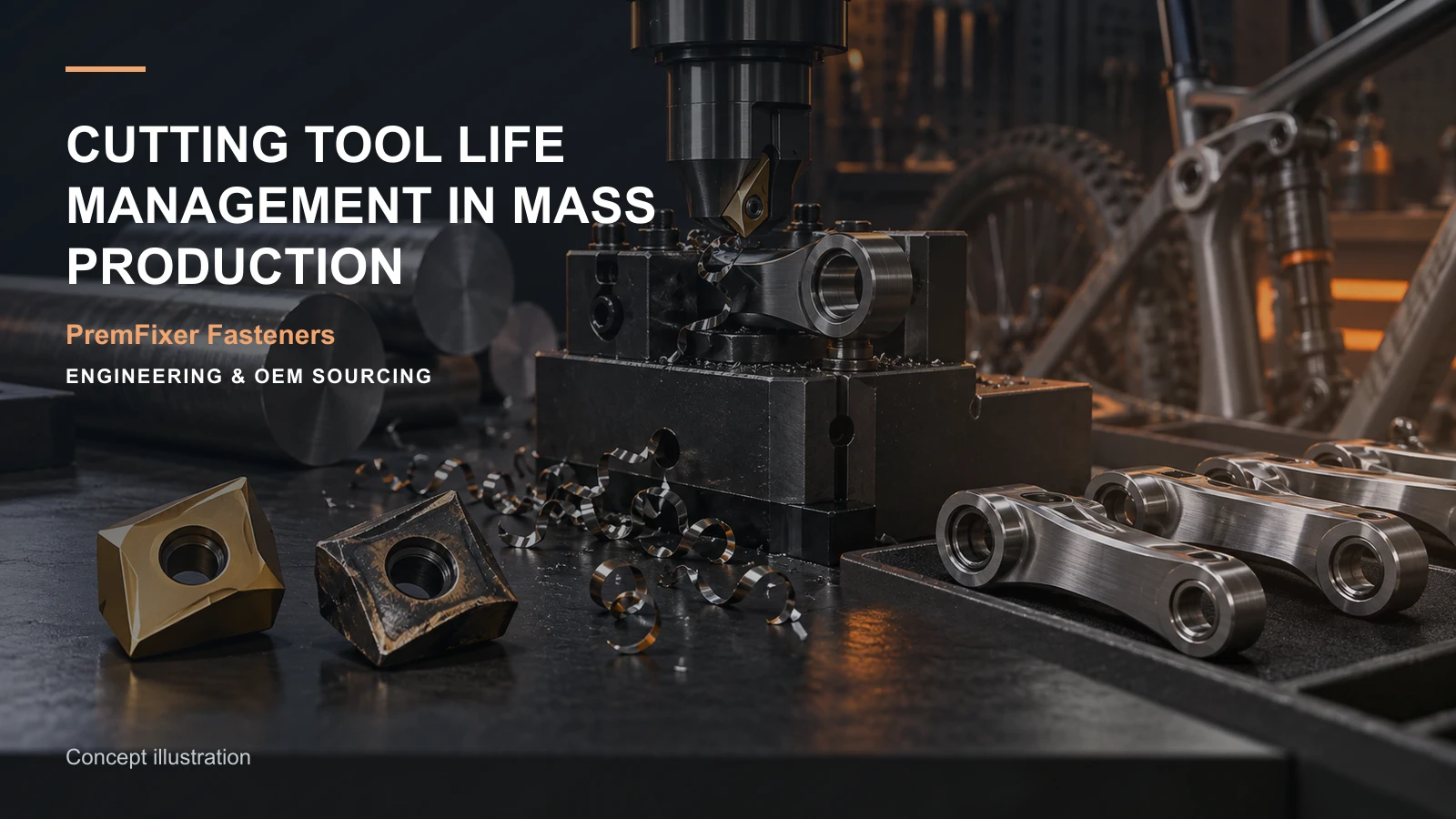 Editorial concept for cutting-tool life in pivot production with cards for tool-action record, in-process check schedule, spc interpretation guide.