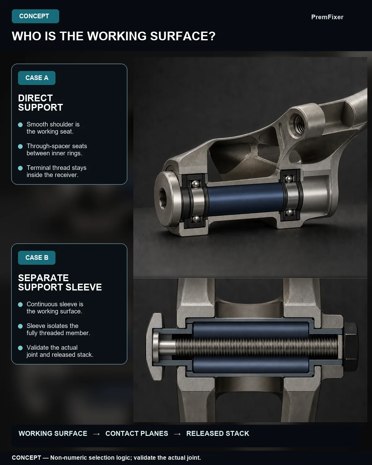 Conceptual comparison of direct smooth-shoulder support and a continuous sleeve isolating a fully threaded clamp member