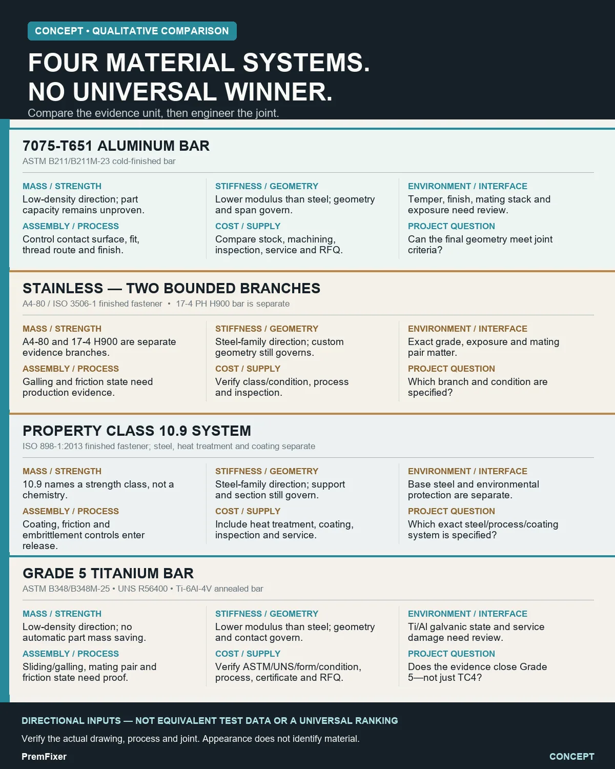 Qualitative comparison matrix for four bounded pivot-bolt material systems