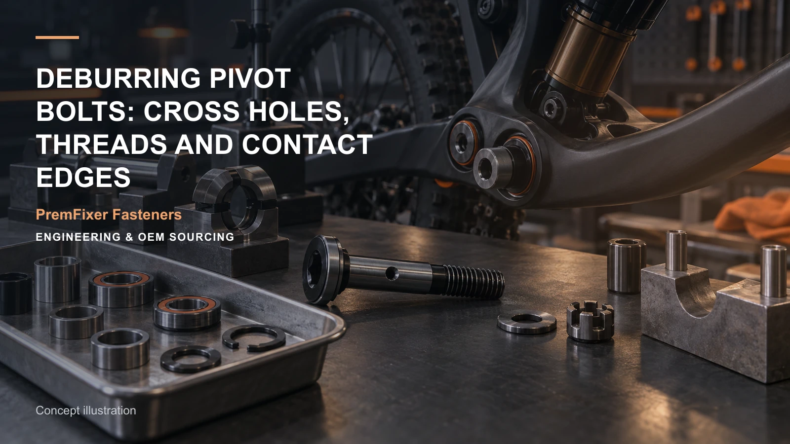 Concept illustration for Deburring Pivot Bolts: Cross Holes, Threads and Contact Edges.