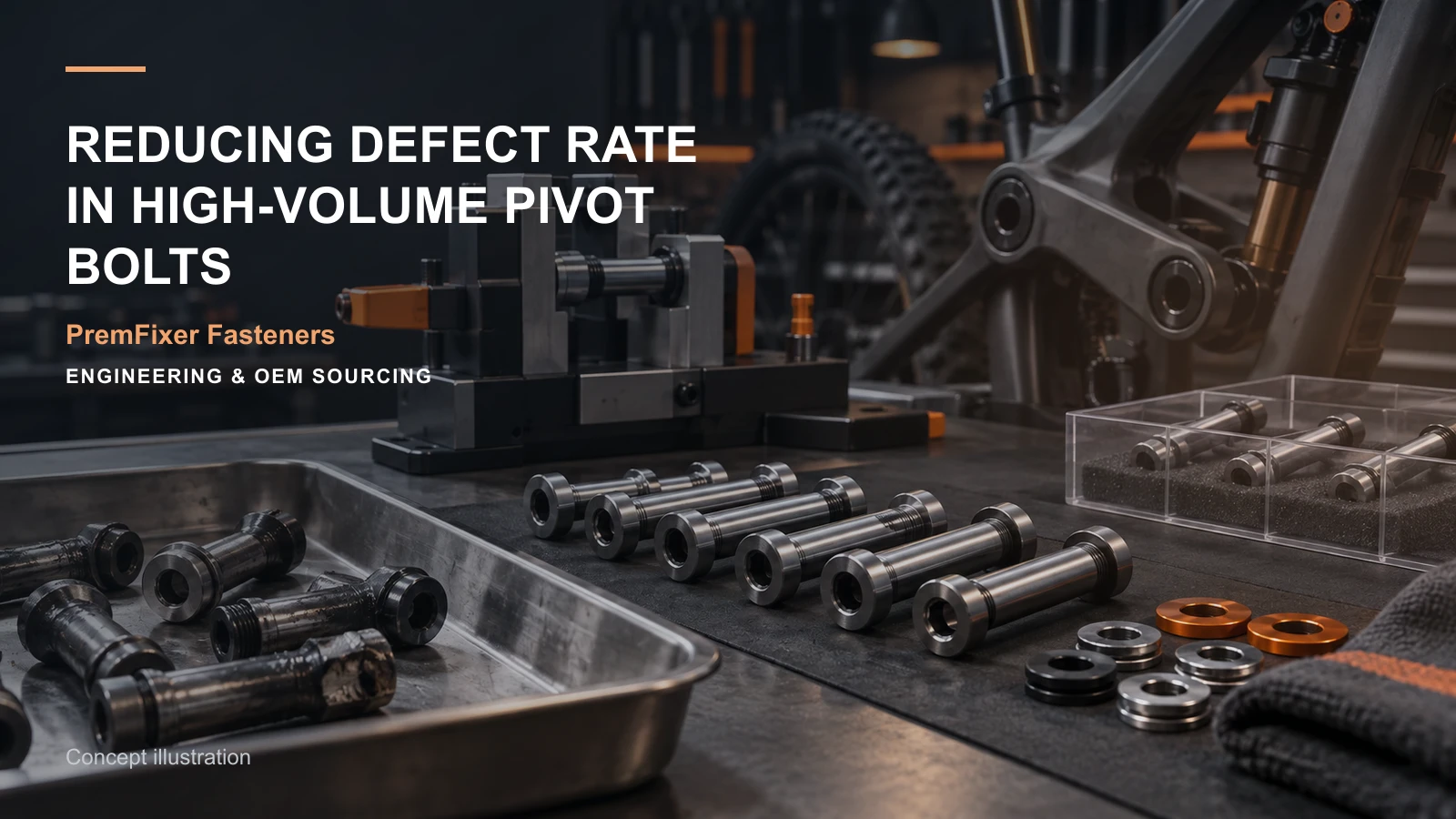 Editorial concept for defect reduction in serial pivot supply with cards for defect analysis table, in-process check schedule, final-inspection scope table.