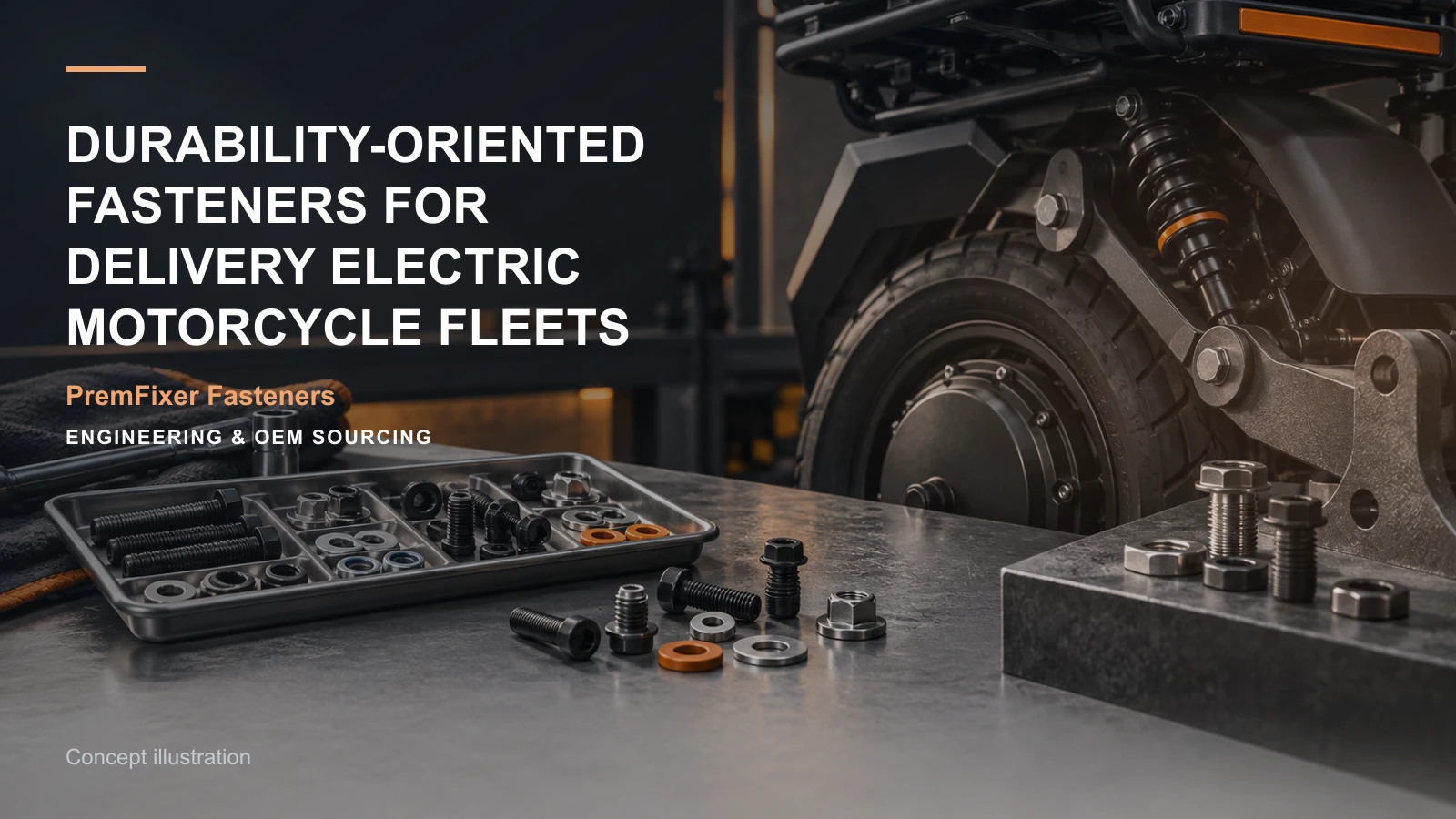 Concept illustration for Durability-Oriented Fasteners for Delivery Electric Motorcycle Fleets.