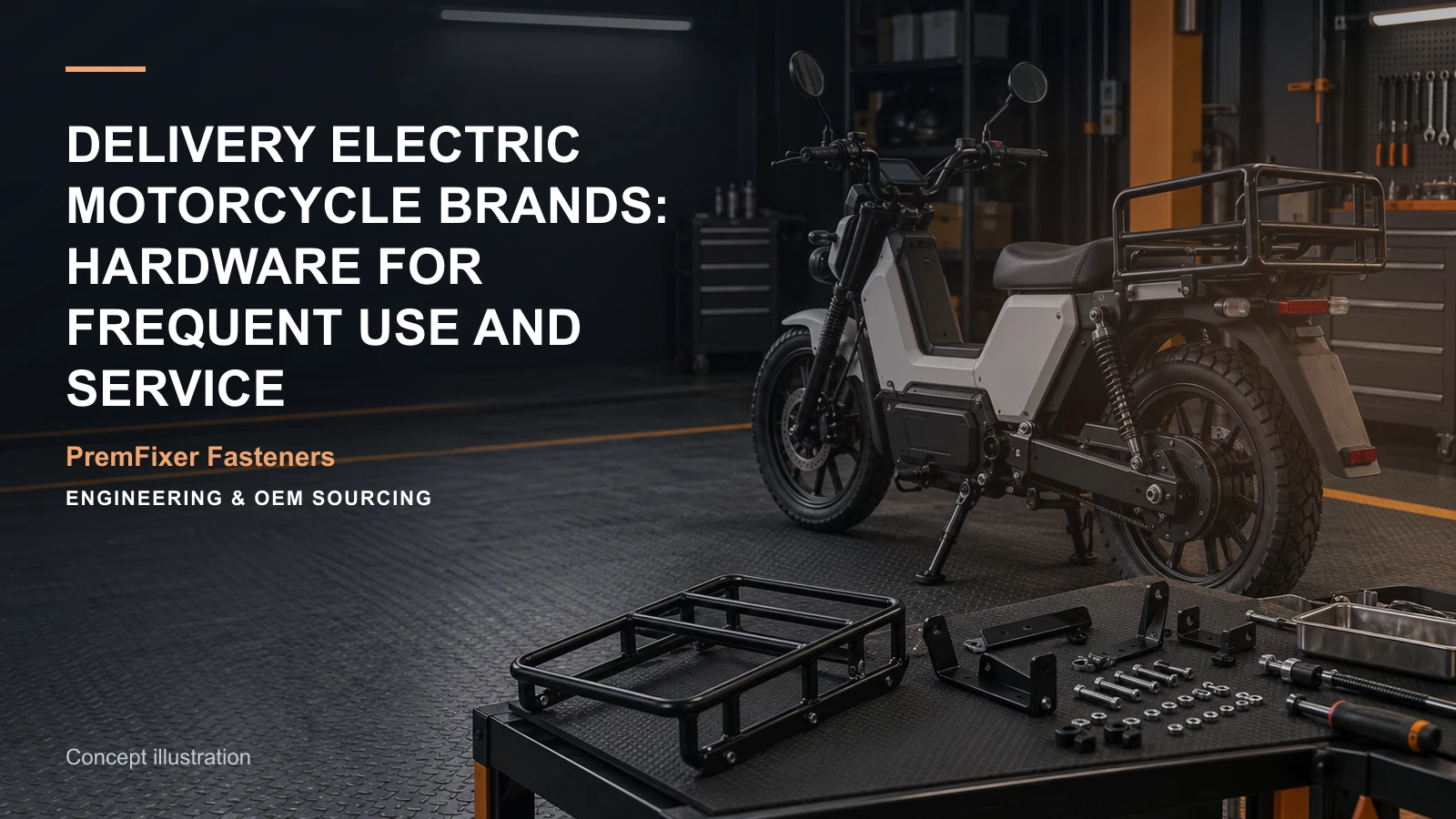 Conceptual engineering workspace introducing delivery-fleet motorcycle hardware for bicycle and electric-mobility OEM teams.