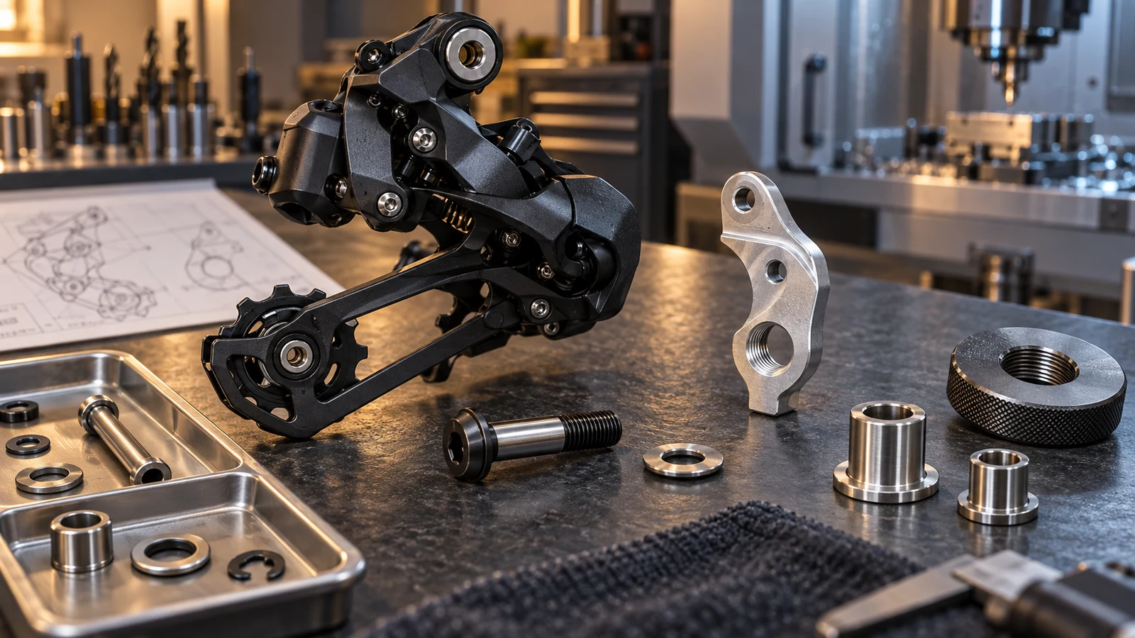 Concept derailleur, hanger, mounting shoulder bolt and separate internal hardware with an unused gauge, not approved compatibility or a passed inspection