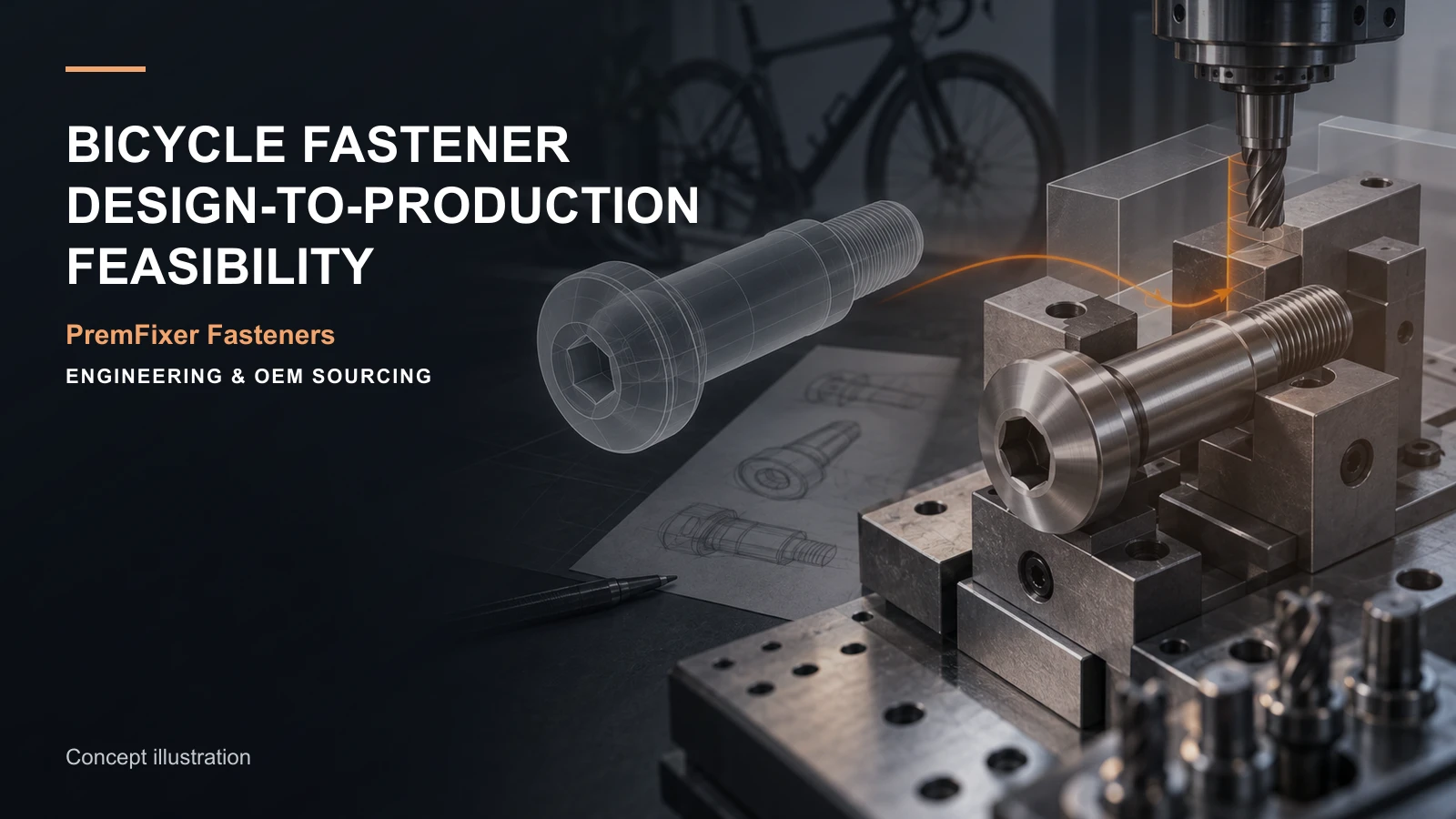 Conceptual DFM workspace connecting a bicycle fastener drawing, machining fixture and prototype part.