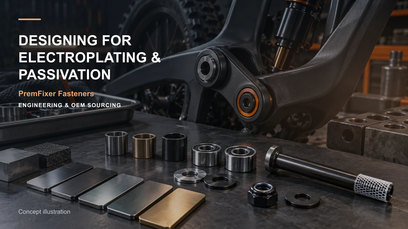 Editorial concept for designing for plating and passivation with cards for treatment-specific dimensional plan, finish selection table, feature-to-inspection map.