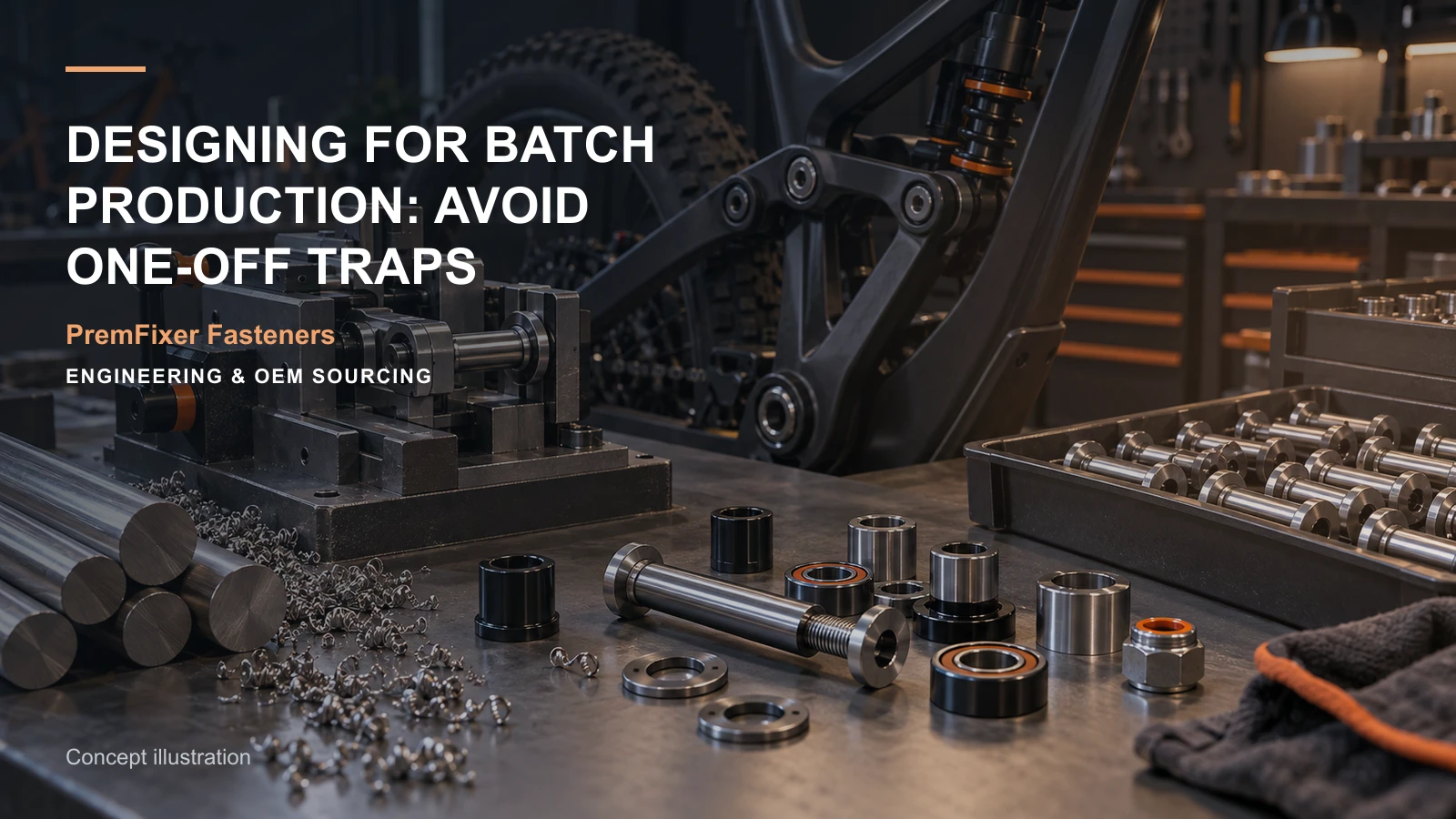 Editorial concept for designing pivots for repeat production with cards for dfm change table, workholding concept and setup record, prototype-to-production handover.
