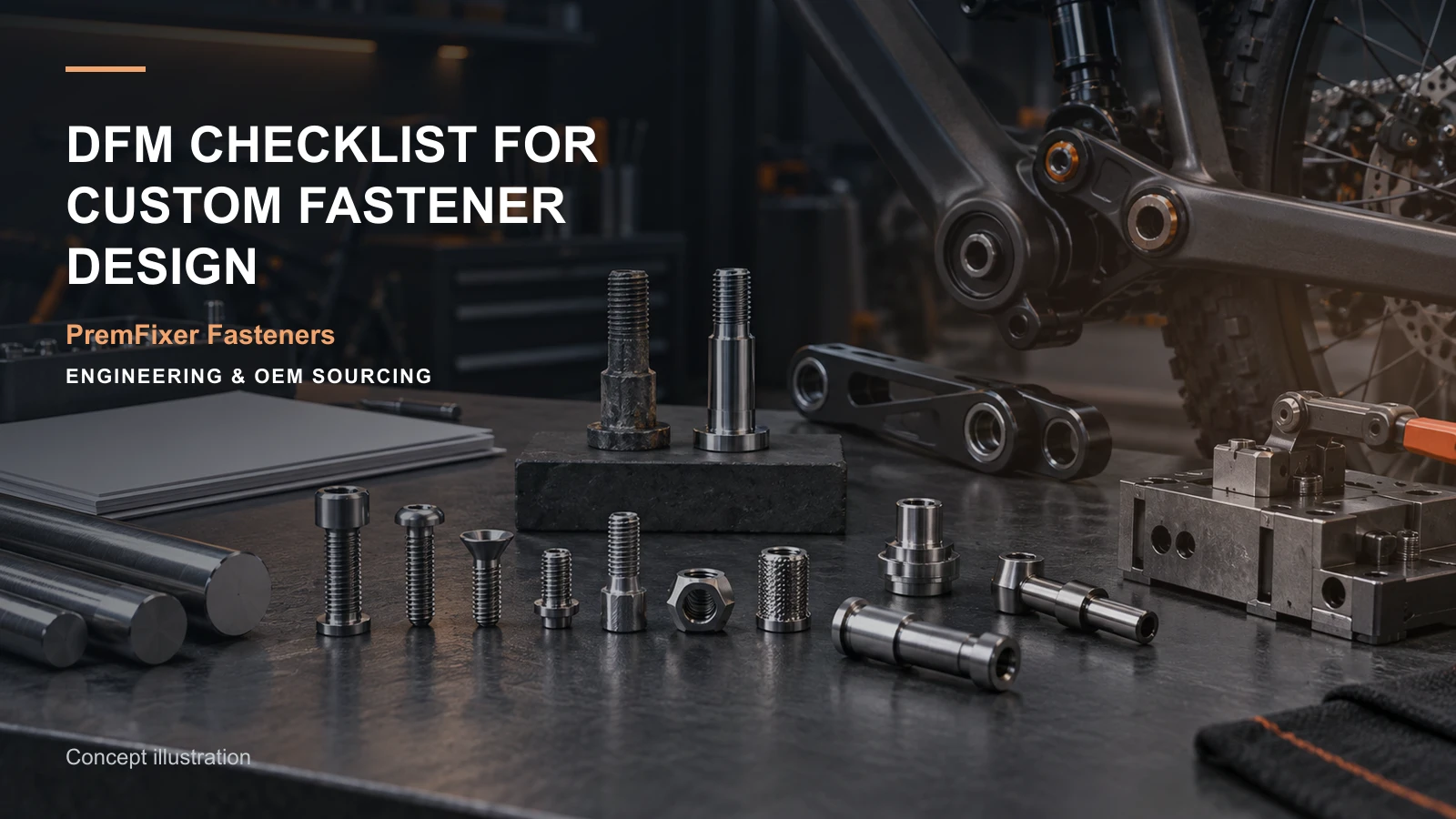 Editorial concept for DFM checklist for custom fasteners with cards for dfm change table, feature-to-inspection map, workholding concept and setup record.