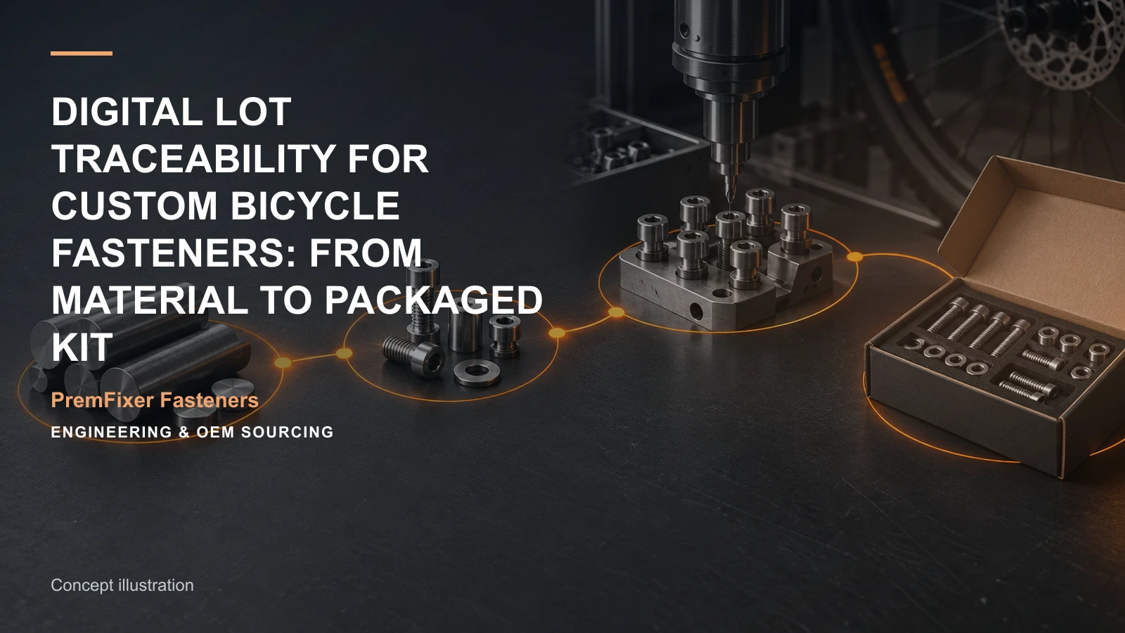 Concept illustration for Digital Lot Traceability for Custom Bicycle Fasteners: From Material to Packaged Kit.