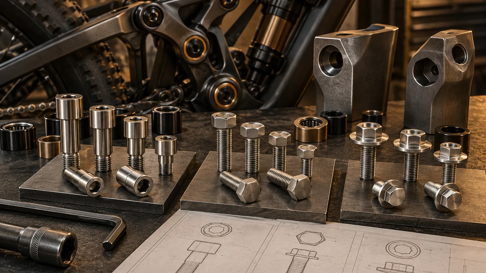 Concept comparison of cylindrical socket, external hex and integral flange bolt heads beside custom pivot shoulders, bearings, linkage interfaces and inactive tools; no approved dimensions or compatibility shown.