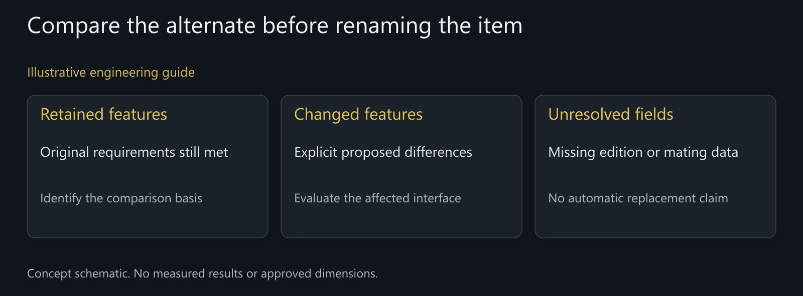 Illustrative replacement review without an approved substitute, tested dimensions or universal head-tolerance differences.